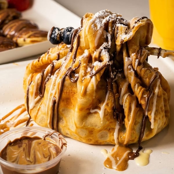 A crepe pouch drizzled with chocolate and caramel, powdered sugar, and blueberries, with mini pancakes in the background.
