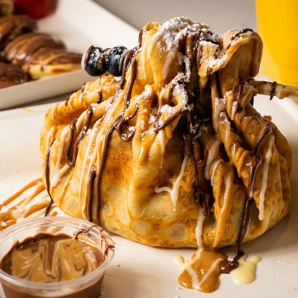 A crepe pouch drizzled with chocolate and caramel, powdered sugar, and blueberries, with mini pancakes in the background.