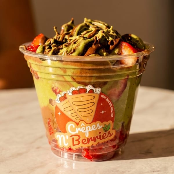 A Crêpes n' Berries cup filled with green smoothie, strawberries, and chocolate drizzle.