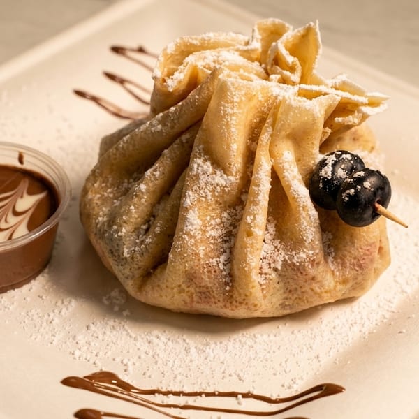Crepe pouch dusted with powdered sugar, garnished with blueberries, and a side of chocolate sauce.