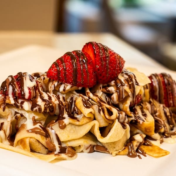 Crepes drizzled with chocolate and white sauce, topped with fresh strawberries on a white plate.