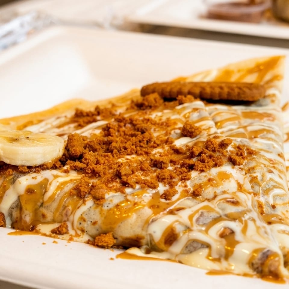 Crepe with banana slices, cookie crumbles, and white and caramel drizzle on a white plate.